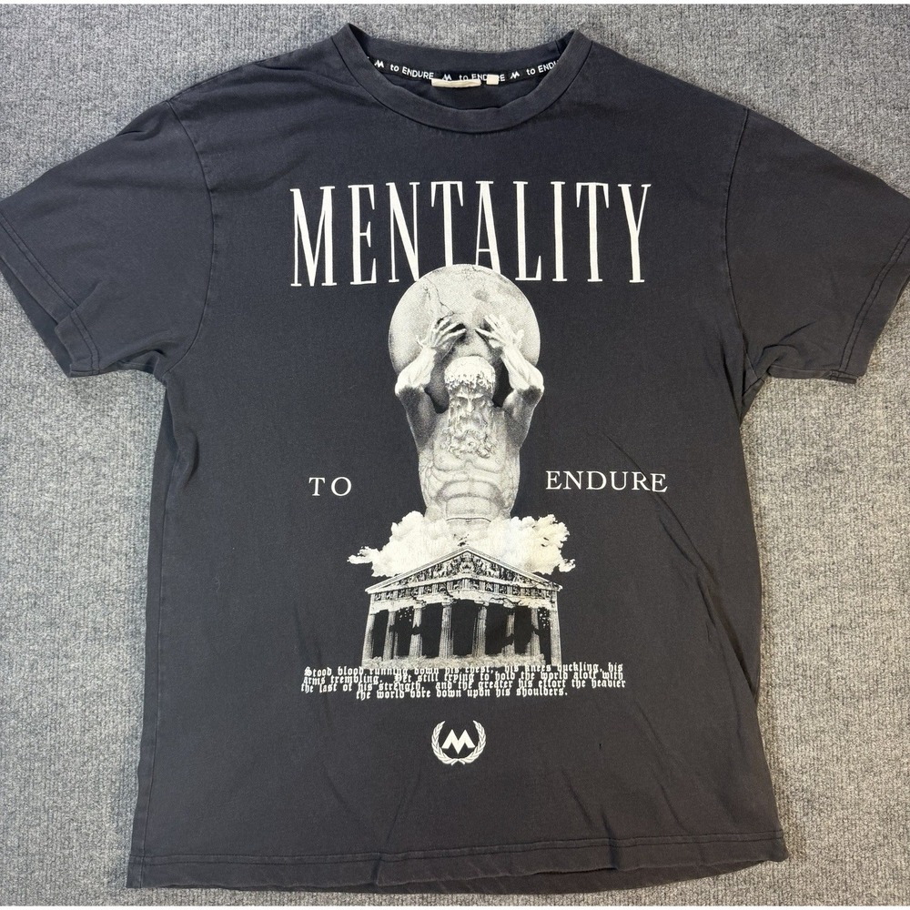 MENTALITY Atlas Endure Vintage T Shirt Black Skull Greek Statue Size L